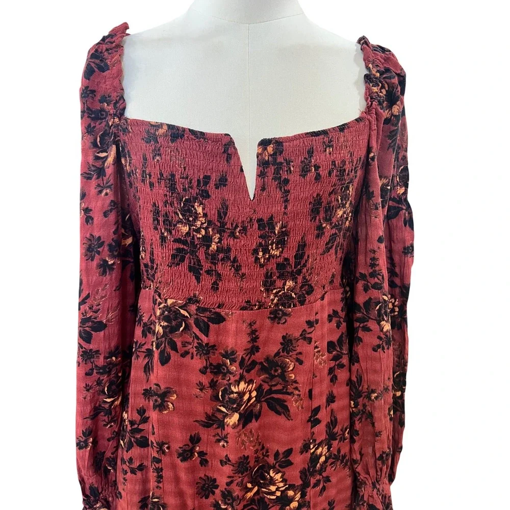 Free People Burgundy Viscose Modal‎ Jaymes Maxi Dress Dark Floral Smocked Small